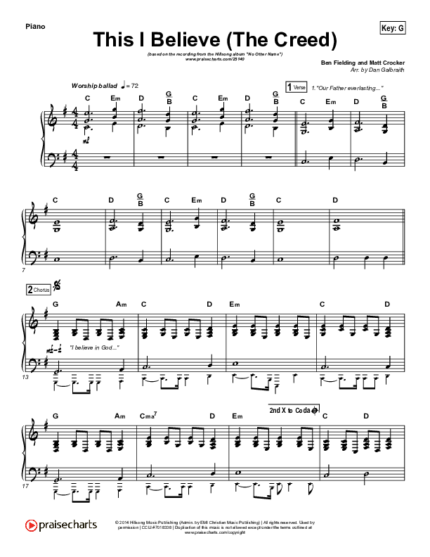 This I Believe (The Creed) Piano Sheet (Hillsong Worship)