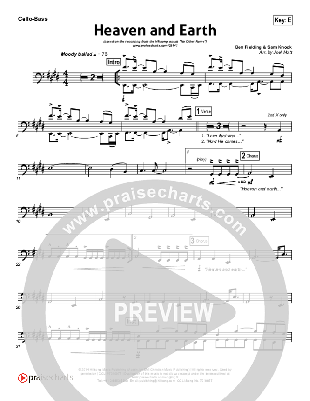 Heaven And Earth Cello/Bass (Hillsong Worship)