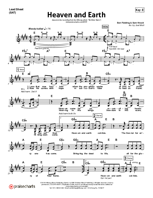 Heaven And Earth Lead Sheet (SAT) (Hillsong Worship)