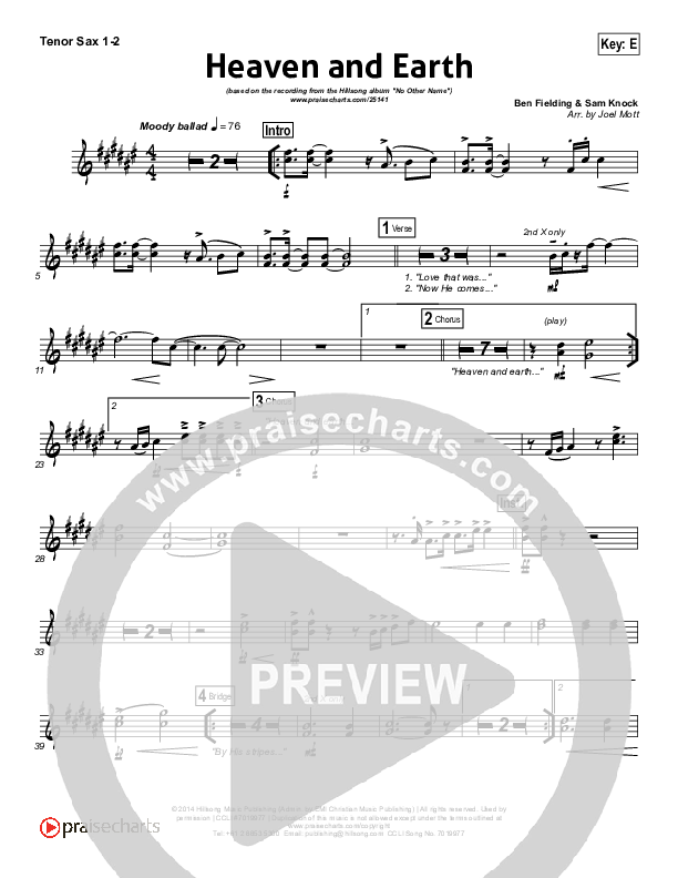 Heaven And Earth Tenor Sax 1/2 (Hillsong Worship)