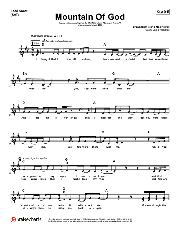 Mountain Of God Lead Sheet (SAT) (Third Day)