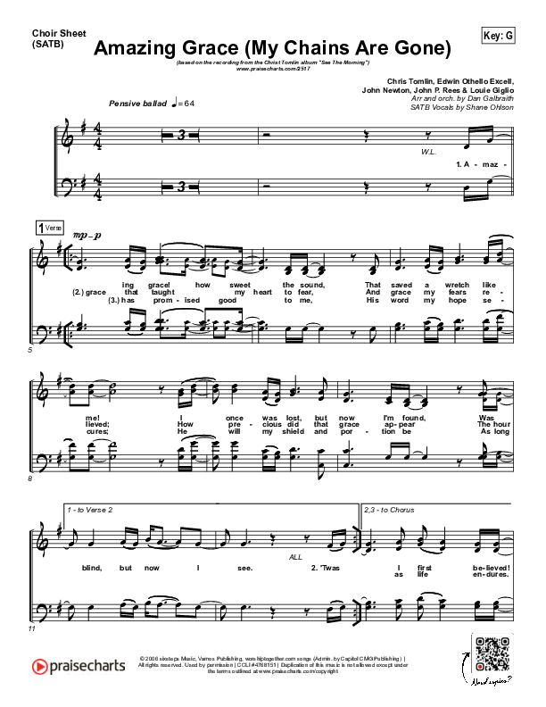 Amazing Grace (My Chains Are Gone) Choir Sheet (SATB) (Chris Tomlin)