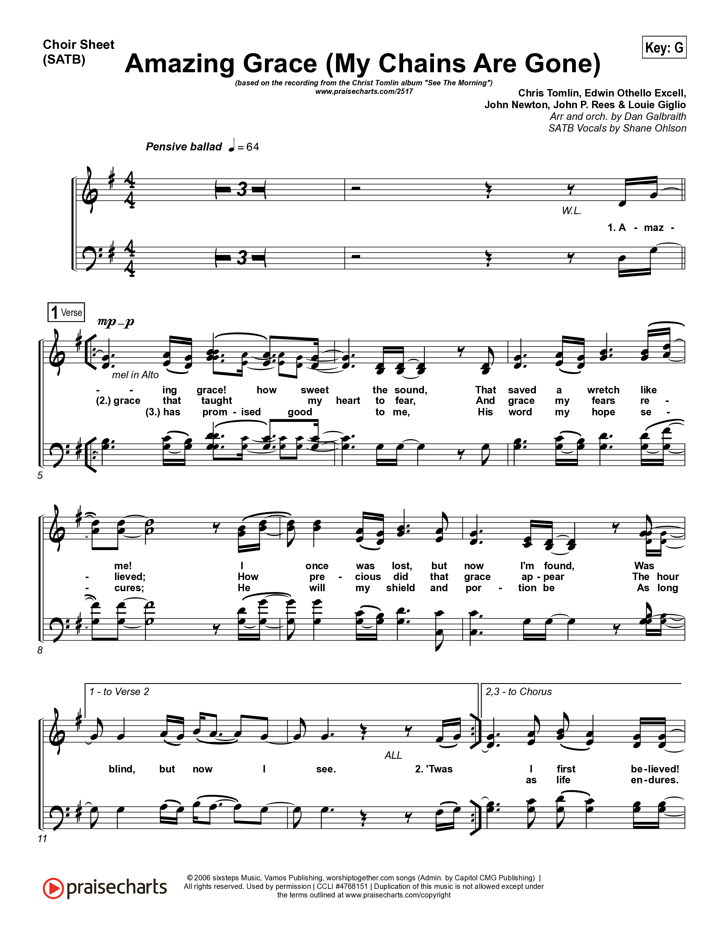 Amazing Grace (My Chains Are Gone) Choir Vocals (SATB) (Chris Tomlin)