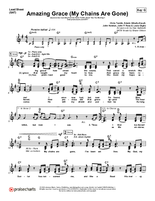 Amazing Grace (My Chains Are Gone) Lead Sheet (SAT) (Chris Tomlin)