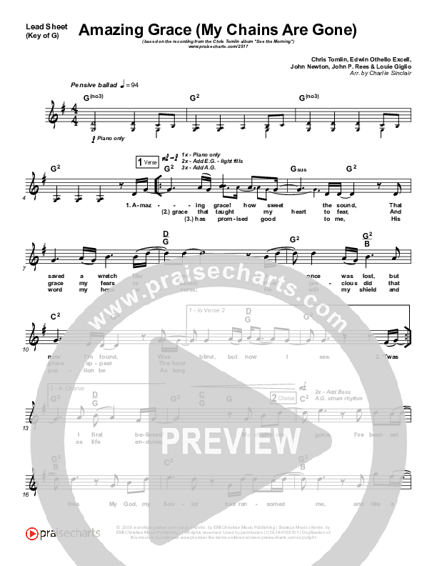 Amazing Grace (My Chains Are Gone) Lead Sheet (Melody) (Chris Tomlin)
