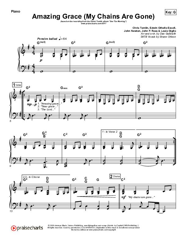 Amazing Grace (My Chains Are Gone) Piano Sheet (Chris Tomlin)