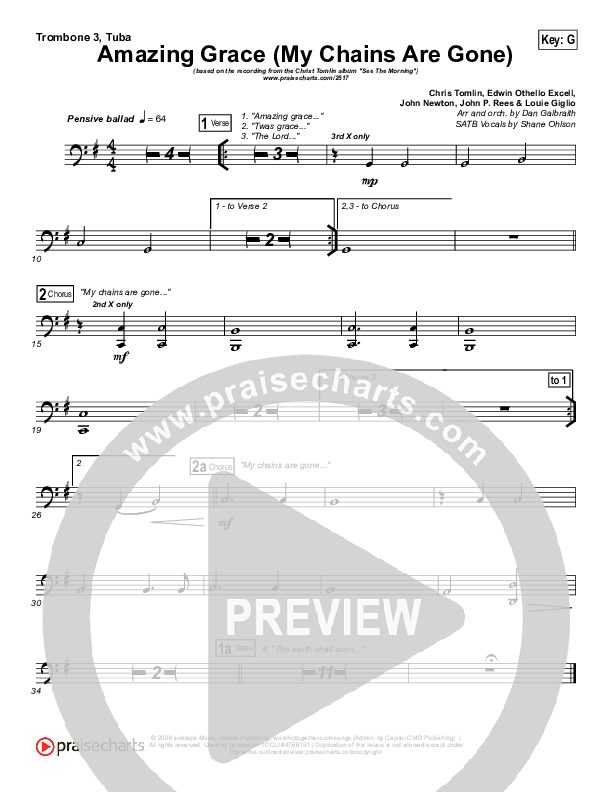 Amazing Grace (My Chains Are Gone) Trombone 3/Tuba (Chris Tomlin)