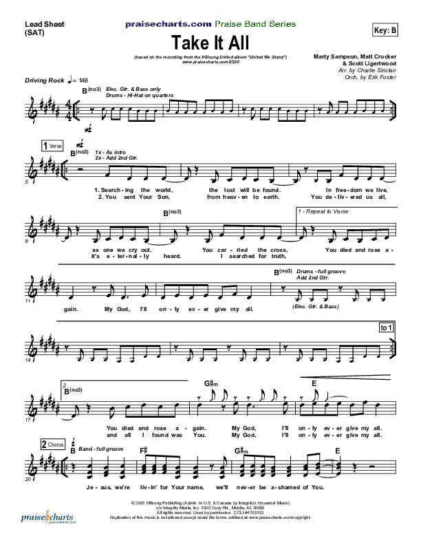 Take It All Lead Sheet (SAT) (Hillsong UNITED)
