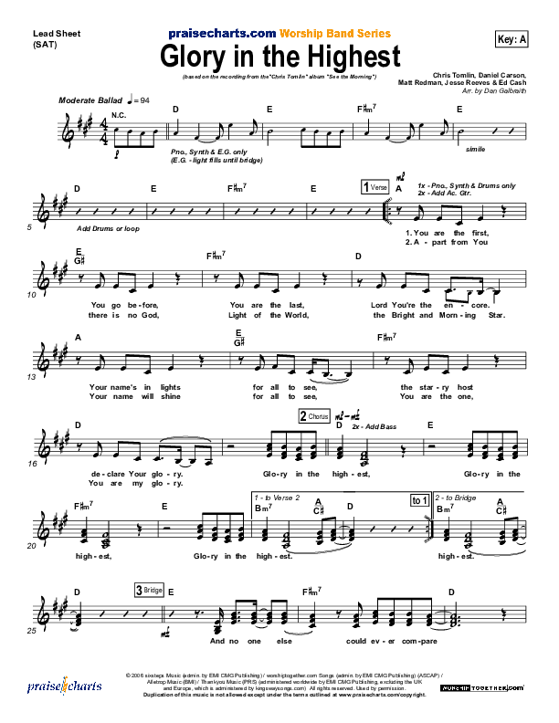 Glory In The Highest Lead Sheet (SAT) (Chris Tomlin)