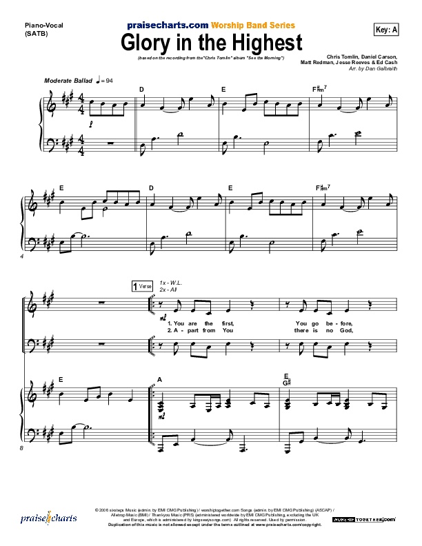 Glory In The Highest Piano/Vocal (SATB) (Chris Tomlin)