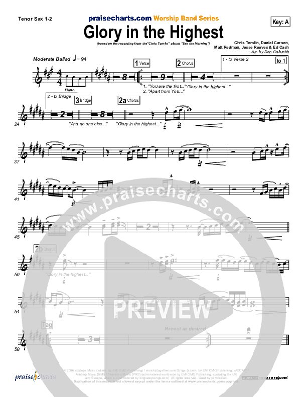 Glory In The Highest Tenor Sax 1/2 (Chris Tomlin)