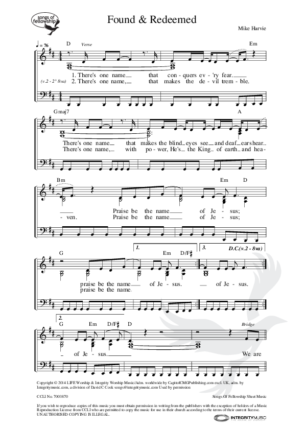 Found And Redeemed Piano/Vocal (Life Worship)