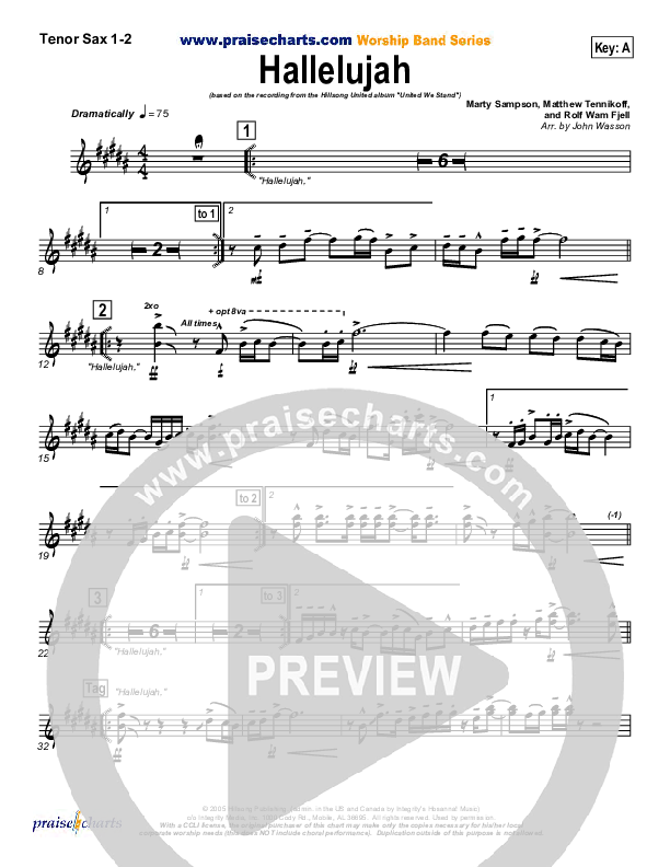 Hallelujah Tenor Sax 1/2 (Hillsong UNITED)
