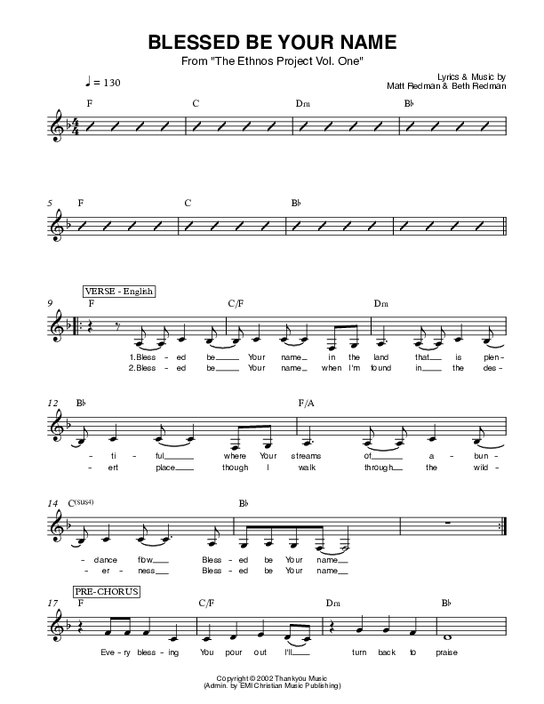 Blessed Be Your Name Lead Sheet (Ethnos Community Church / Andy Santos / Vahagn Stepanyan)