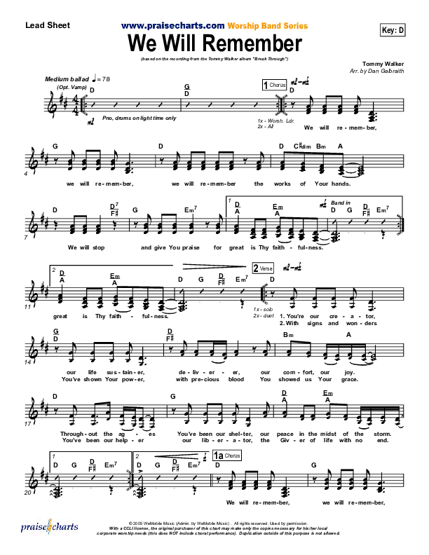 We Will Remember Lead Sheet (SAT) (Tommy Walker)