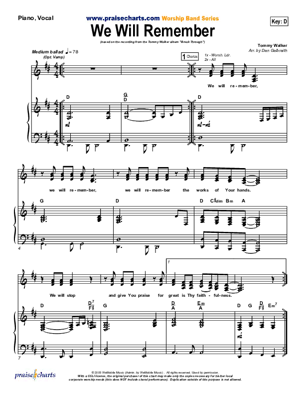 We Will Remember Piano/Vocal (SATB) (Tommy Walker)