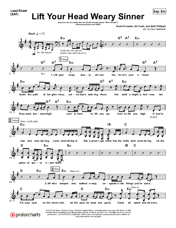 Lift Your Head Weary Sinner (Chains) Lead Sheet (SAT) (David Crowder)