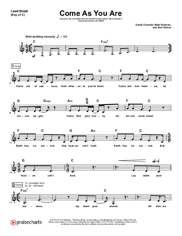 Come As You Are Lead Sheet (Melody) (David Crowder)