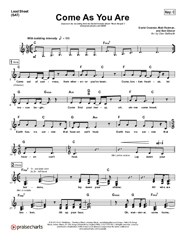 Come As You Are Lead Sheet (SAT) (David Crowder)