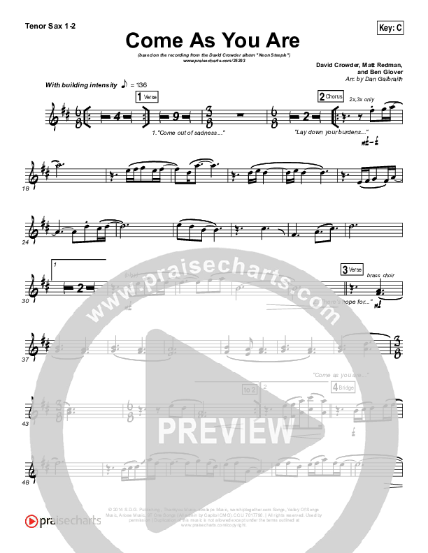 Come As You Are Tenor Sax 1/2 (David Crowder)