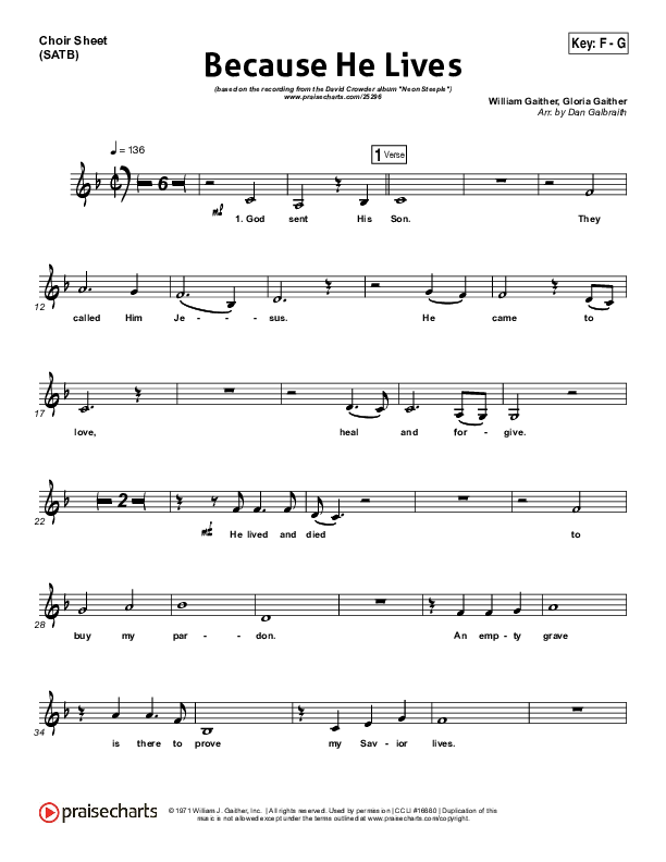 Because He Lives Choir Sheet (SATB) (David Crowder)