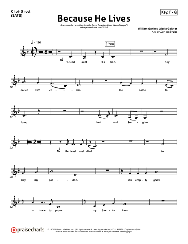 Because He Lives Choir Vocals (SATB) (David Crowder)