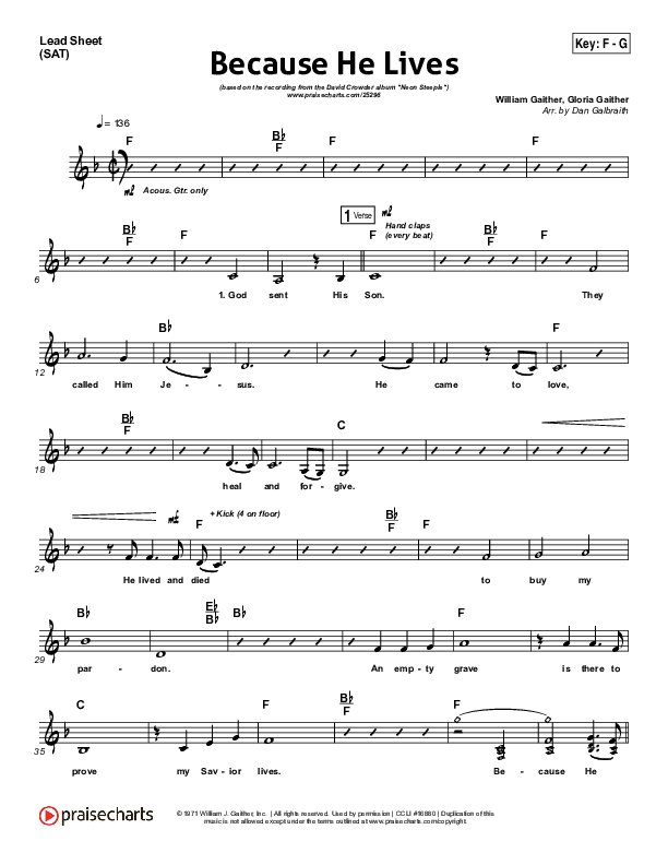 Because He Lives Lead Sheet (SAT) (David Crowder)