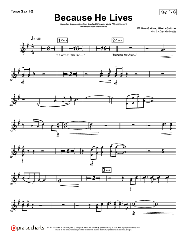 Because He Lives Tenor Sax 1/2 (David Crowder)