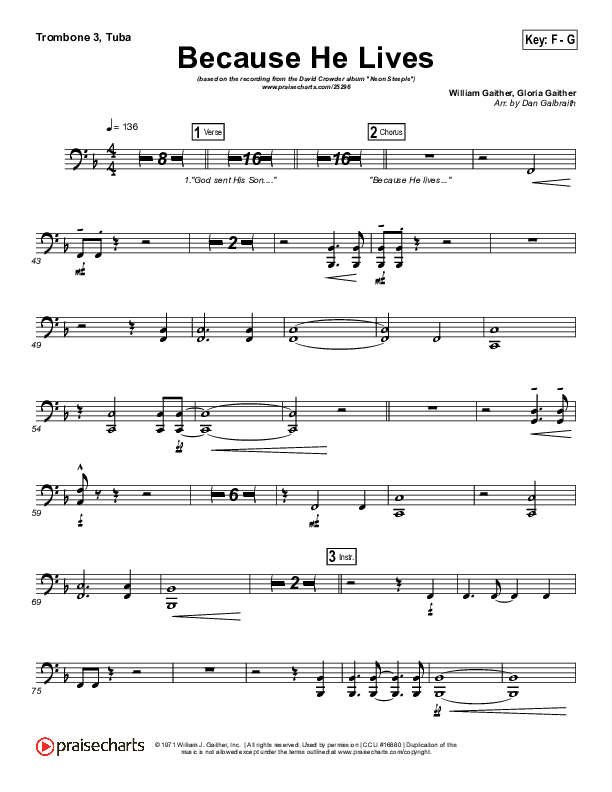 Because He Lives Trombone 3/Tuba (David Crowder)