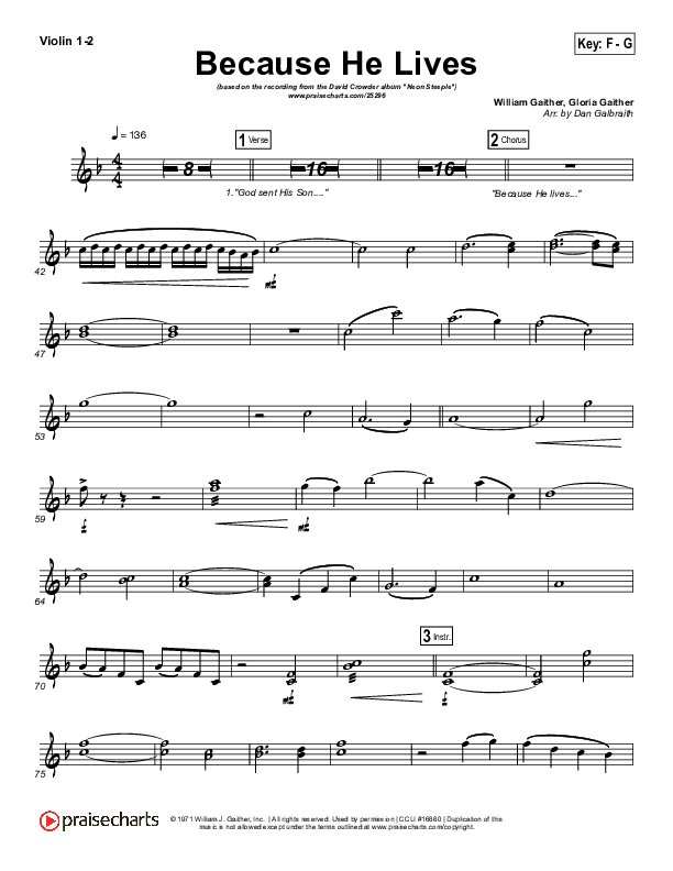 Because He Lives Violin 1/2 (David Crowder)