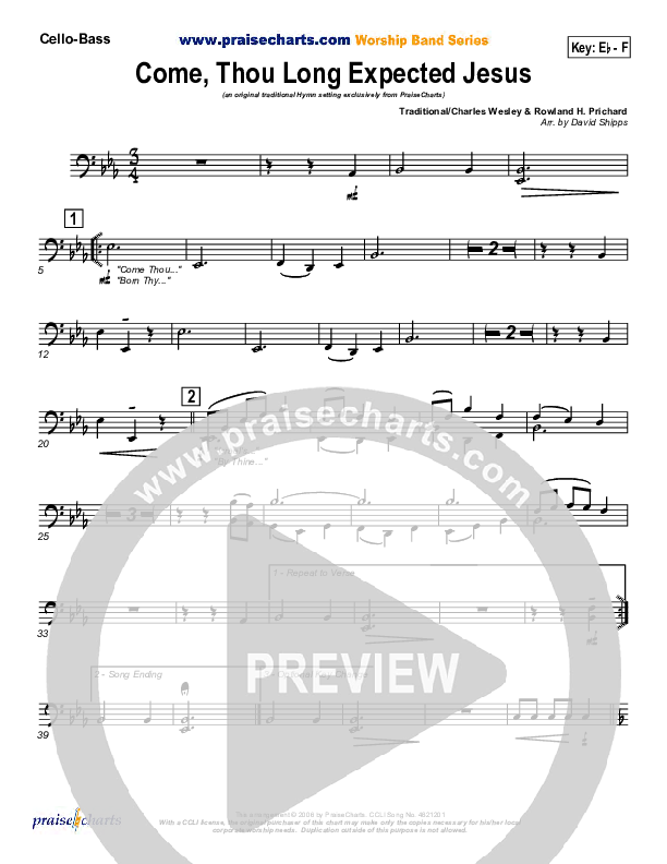 Come Thou Long Expected Jesus Cello/Bass (Traditional Carol / PraiseCharts)
