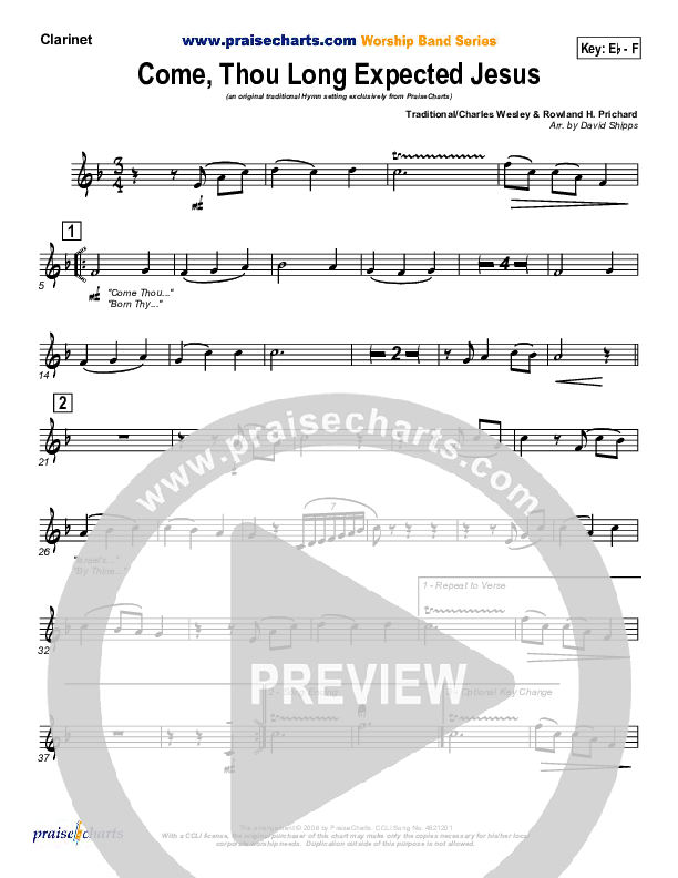 Come Thou Long Expected Jesus Clarinet (Traditional Carol / PraiseCharts)