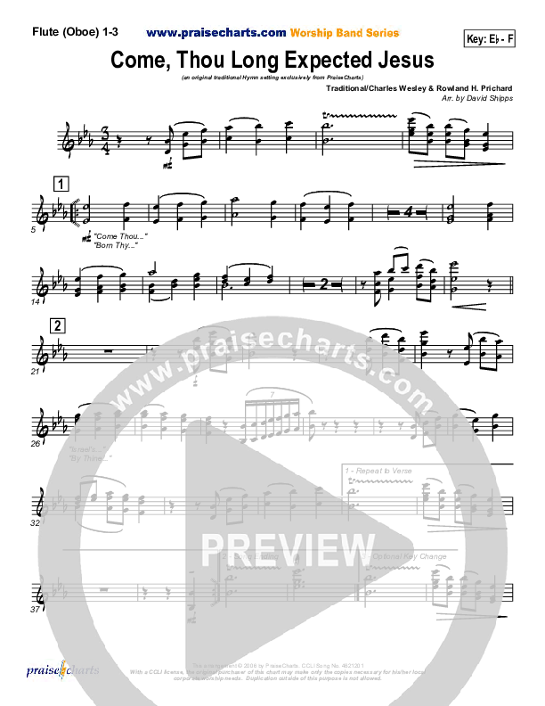 Come Thou Long Expected Jesus Flute/Oboe 1/2/3 (Traditional Carol / PraiseCharts)