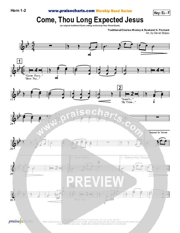 Come Thou Long Expected Jesus French Horn 1/2 (Traditional Carol / PraiseCharts)