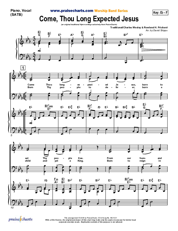 Come Thou Long Expected Jesus Piano/Vocal & Lead (Traditional Carol / PraiseCharts)