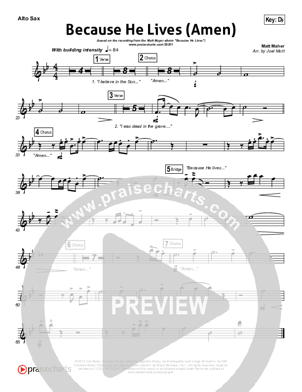 Because He Lives (Amen) Alto Sax (Matt Maher)