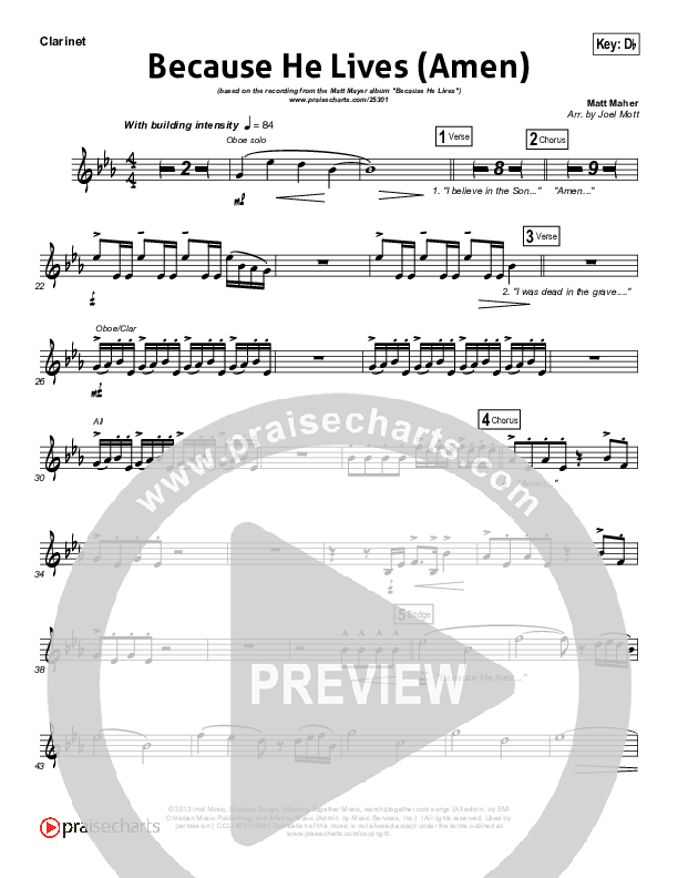 Because He Lives (Amen) Clarinet (Matt Maher)