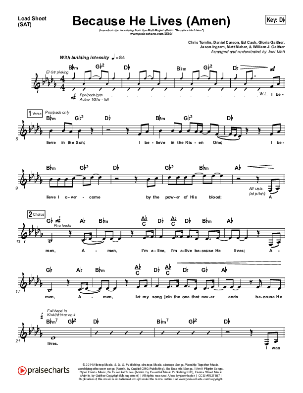 Because He Lives (Amen) Lead Sheet (SAT) (Matt Maher)