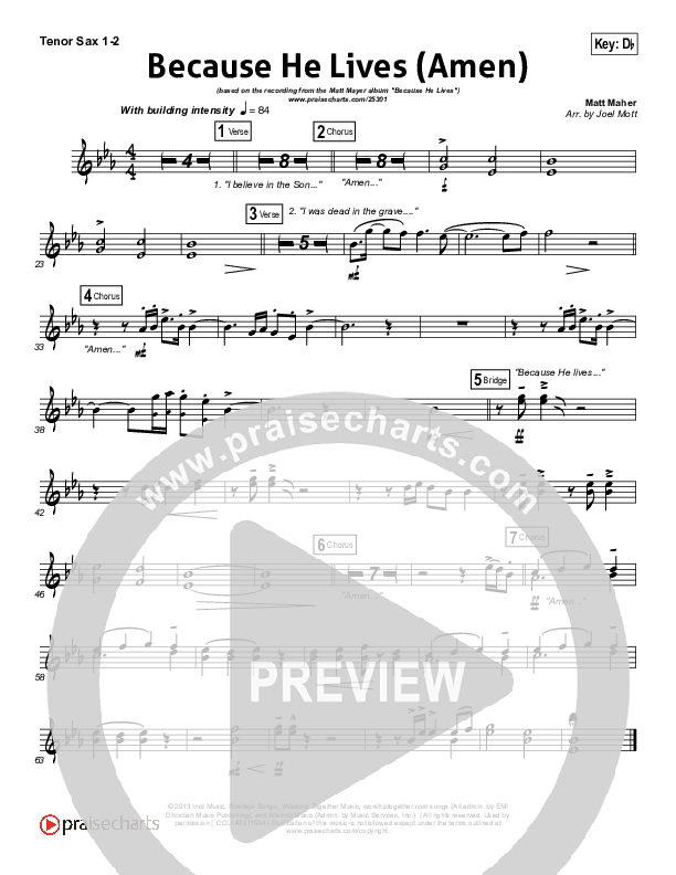 Because He Lives (Amen) Tenor Sax 1/2 (Matt Maher)