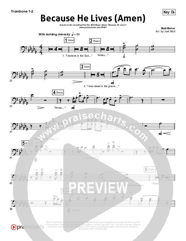 Because He Lives (Amen) Trombone 1/2 (Matt Maher)