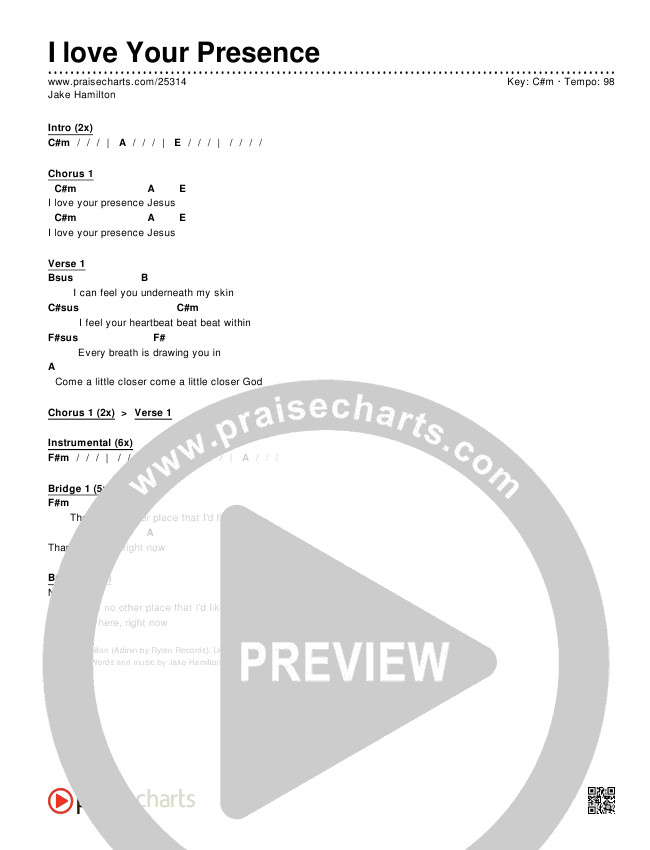 I Love Your Presence (Instrumental) Chords & Lyrics (Jake Hamilton)