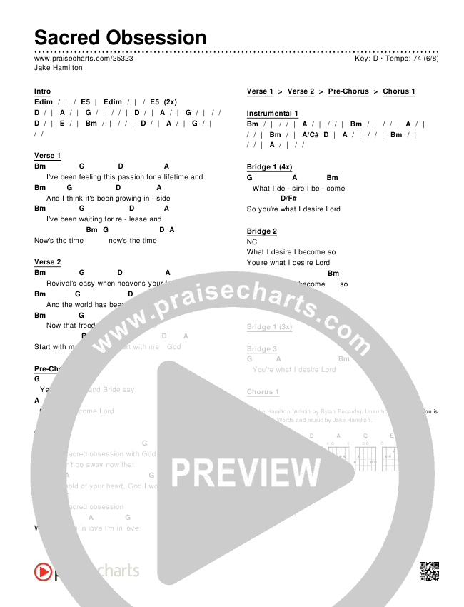 Sacred Obsession Chords & Lyrics (Jake Hamilton)