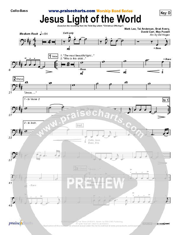 Jesus Light Of The World Cello/Bass (Third Day)