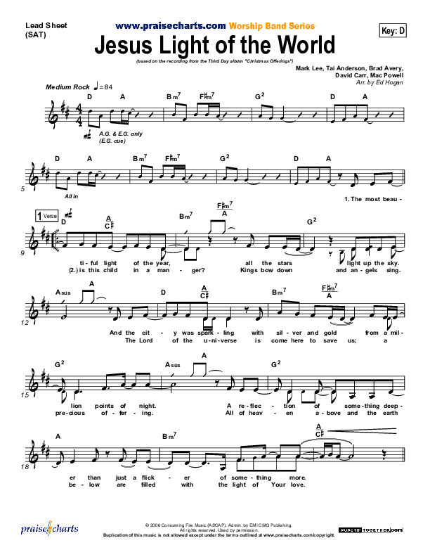 Jesus Light Of The World Lead Sheet (Third Day)