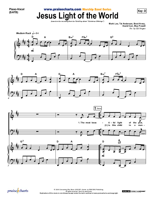 Jesus Light Of The World Piano/Vocal (SATB) (Third Day)
