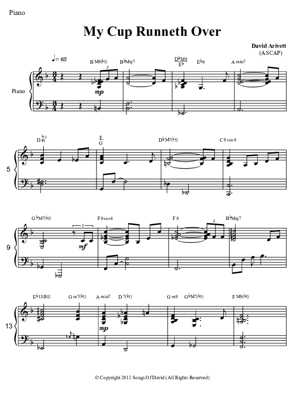 My Cup Runneth Over Piano Sheet (David Arivett)