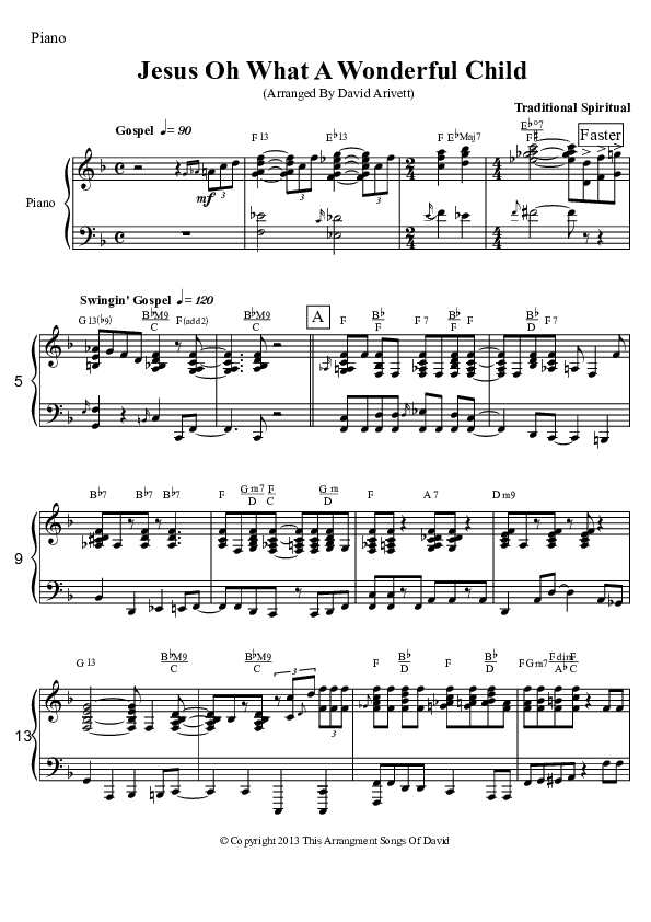 Jesus Oh What A Wonderful Child (Instrumental) Piano Sheet (David Arivett)