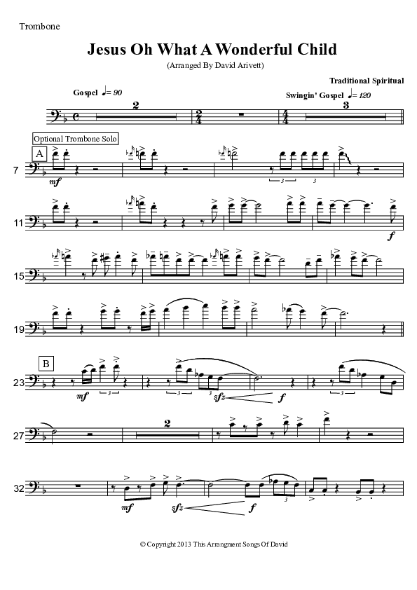 Jesus Oh What A Wonderful Child (Instrumental) Trombone (David Arivett)