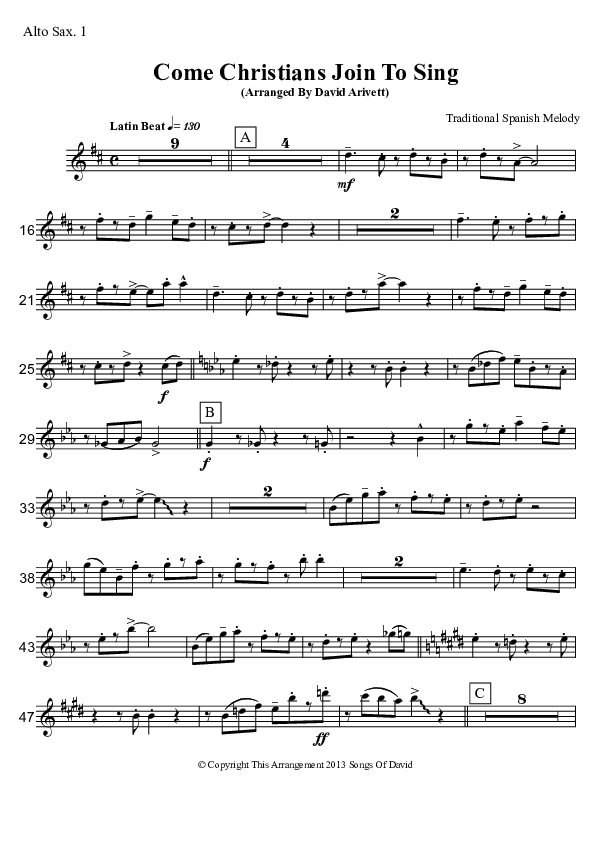 Come Christians Join To Sing (Instrumental) Alto Sax 1/2 (David Arivett)