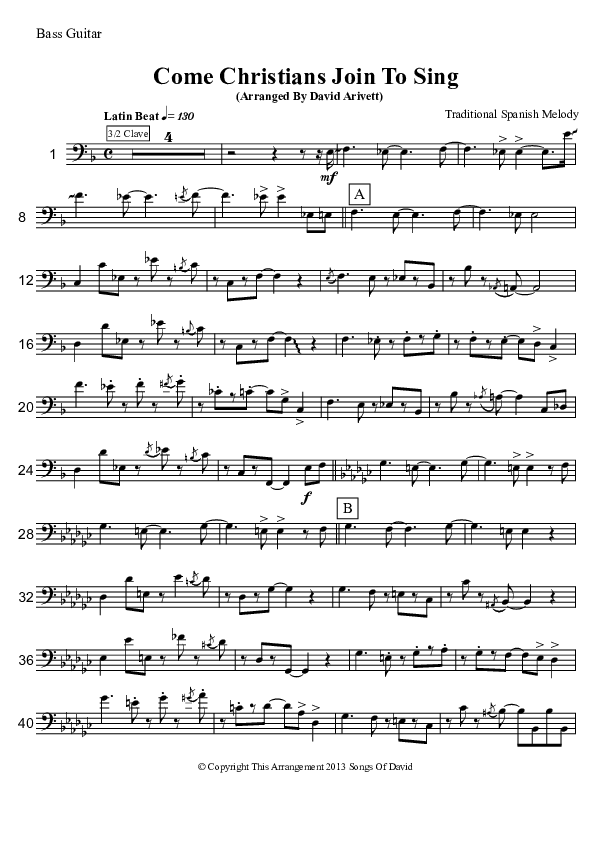 Come Christians Join To Sing (Instrumental) Bass Guitar (David Arivett)